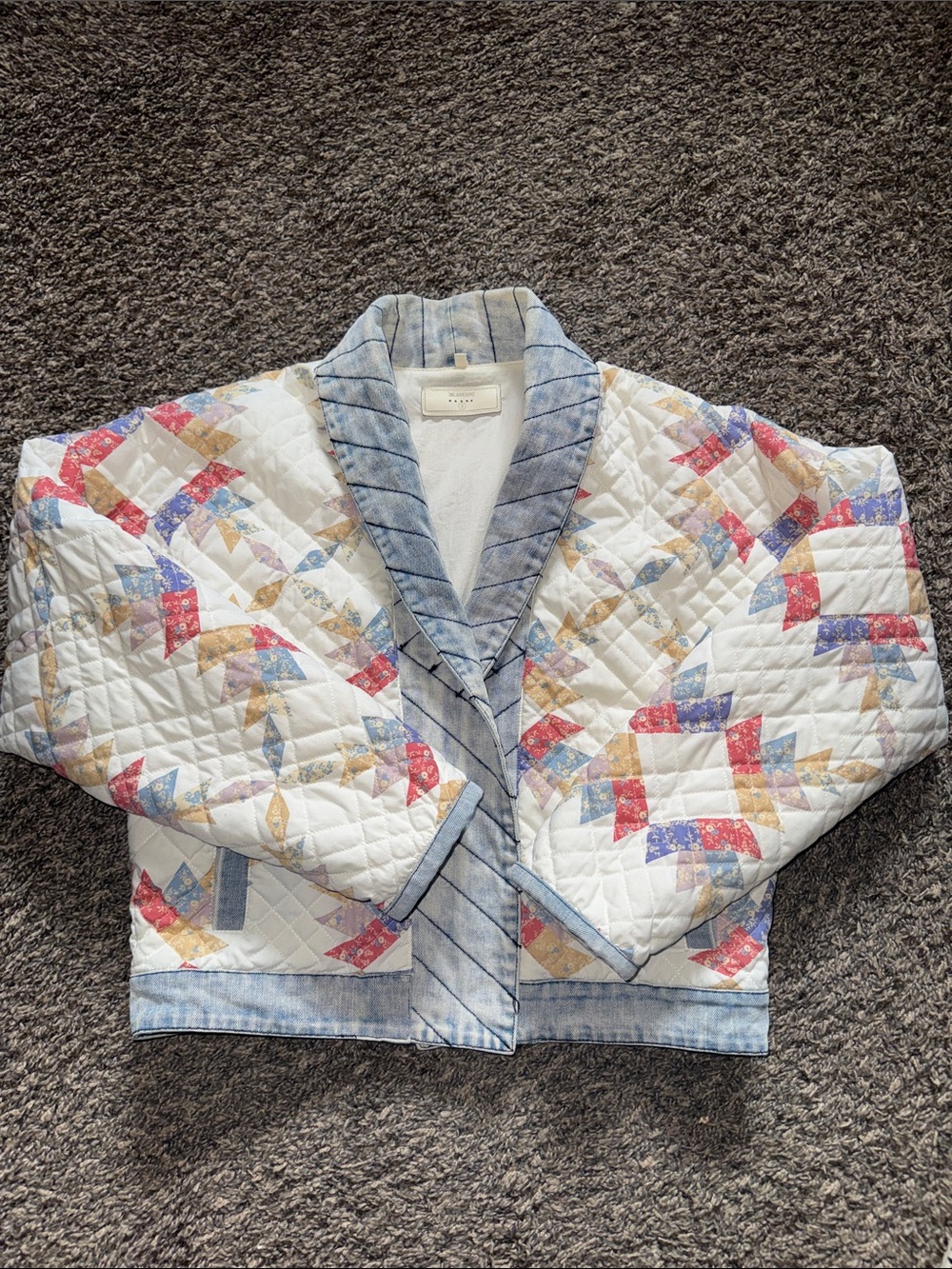 Blank NYC Quilted Patchwork Puffer Jacket in White with Blue Trim